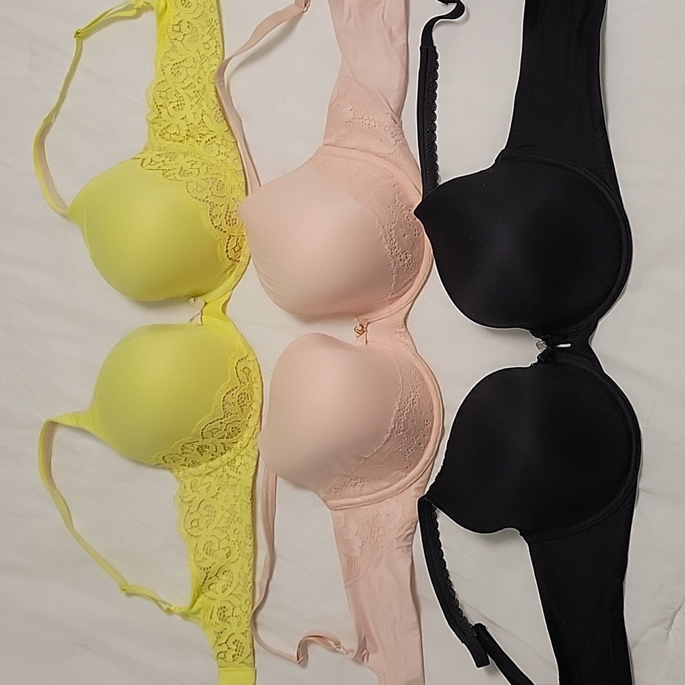 36D Victoria Secret lined perfect coverage Bra lot of 3 black pink yellow